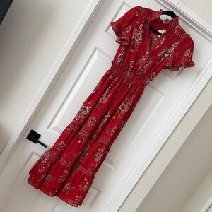 Max Studio Red Floral Maxi Dress with Ruffle Sleeves